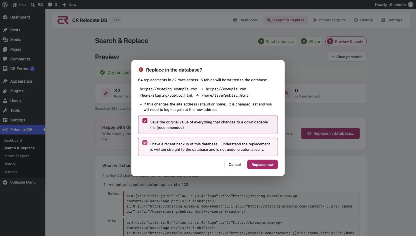 Confirmation dialog listing both search and replace pairs