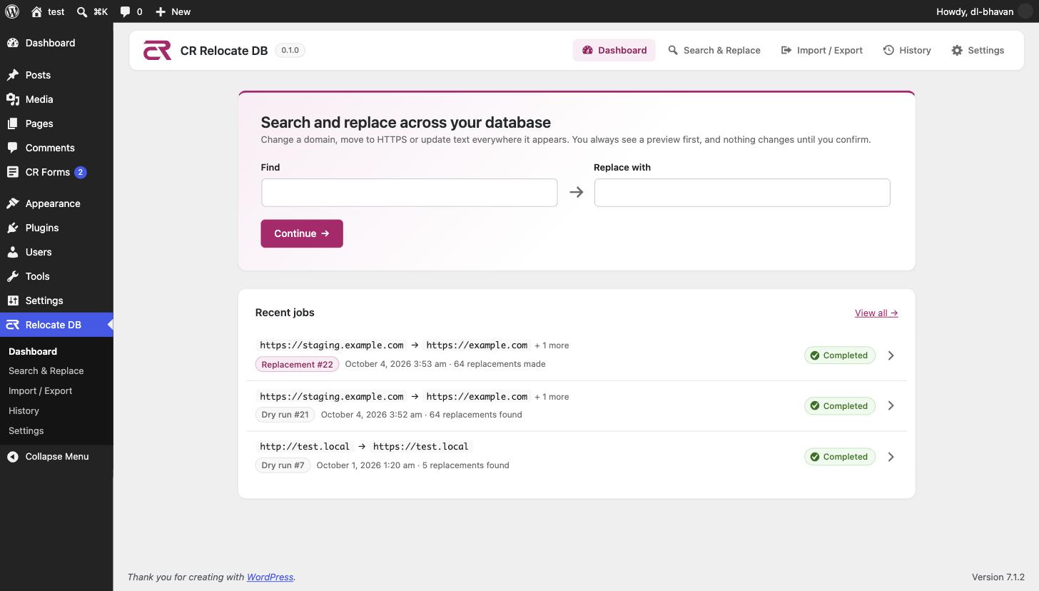 Dashboard with the quick search form and recent jobs