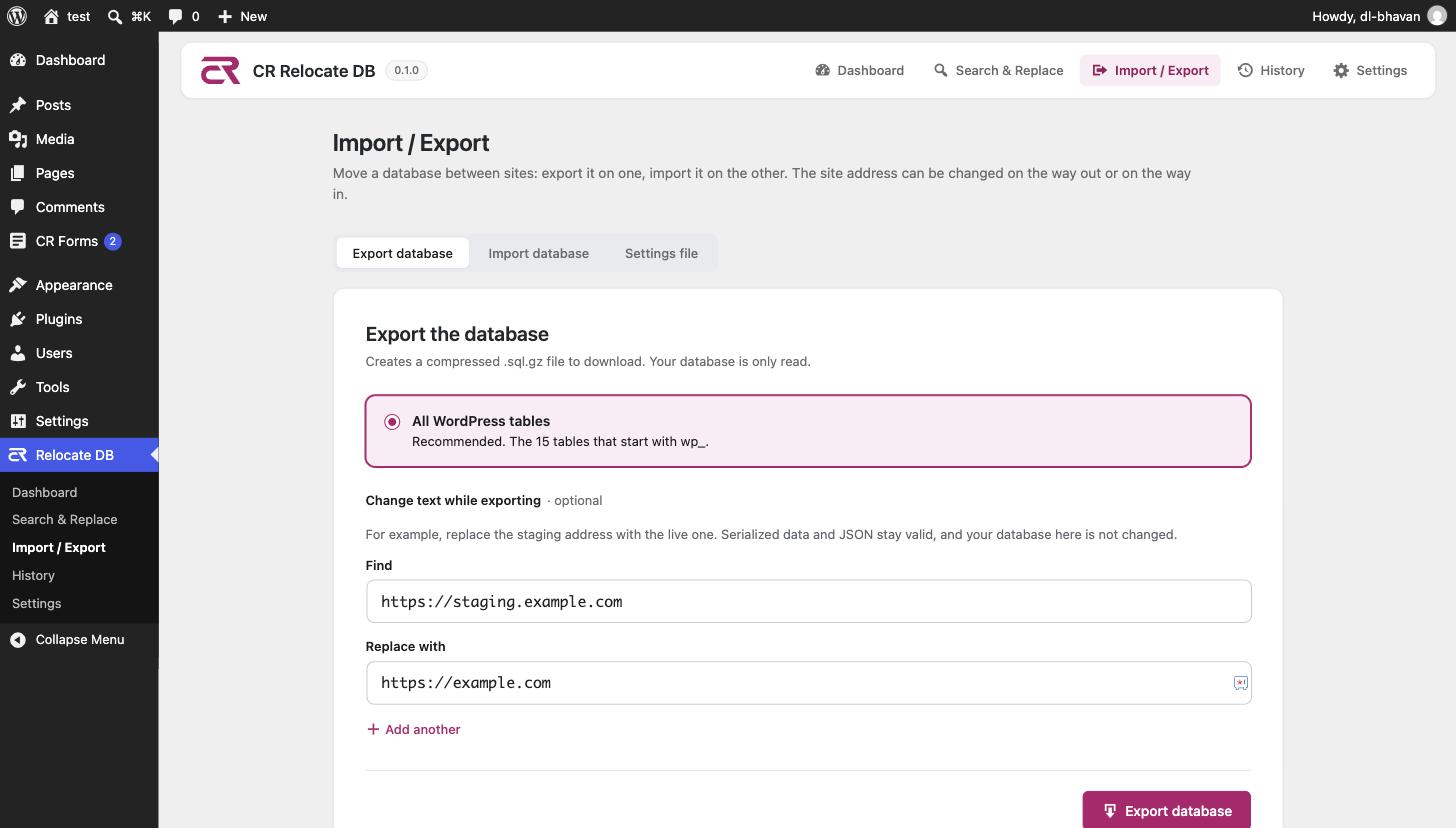 Database export with the site address changed on the way out
