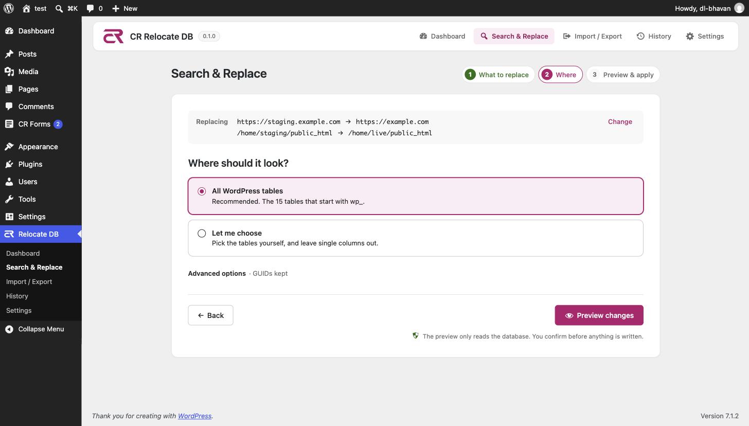 The Search & Replace screen: two search and replace pairs, and the choice of which tables to look in