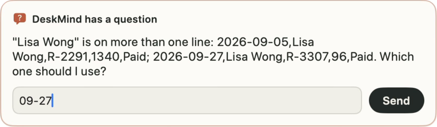 DeskMind asks: "Lisa Wong" is on more than one line, which one should I use? The answer field says 09-27.