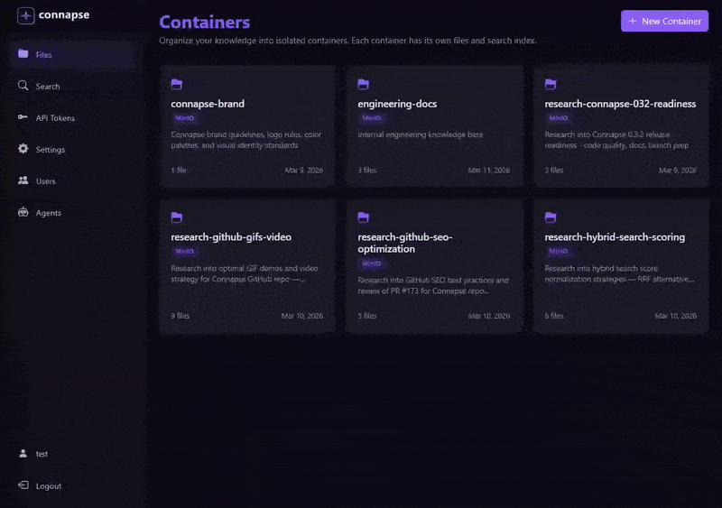 Connapse settings panel — switching embedding providers, adjusting chunking parameters, and configuring search settings at runtime without restart