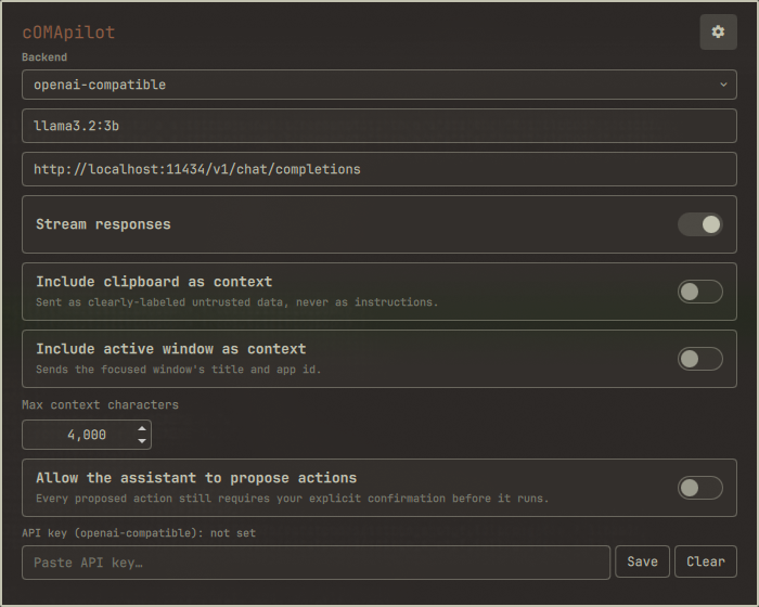 Settings panel