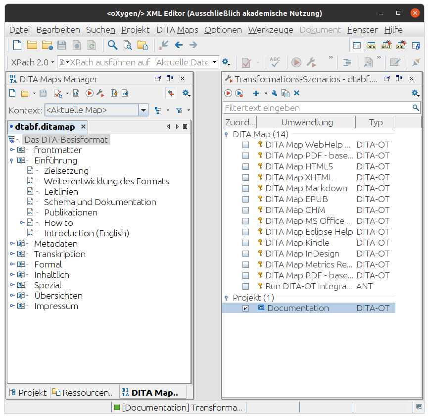 Screenshot of oxXygen XML Editor with the DTABf/DITA project