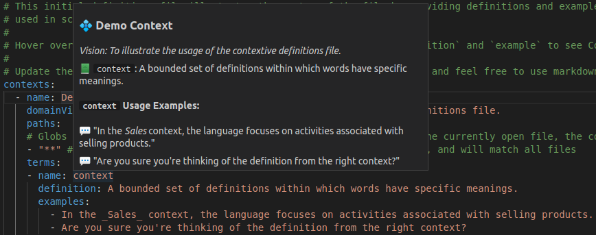 Example of a Contextive definition hover over the word "context" in a yml file.