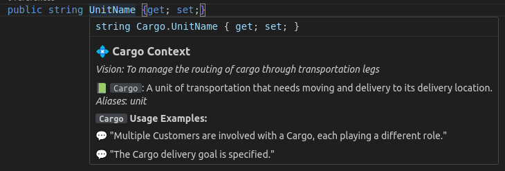 Example of hovering over the alias 'unit' for the term 'cargo'.