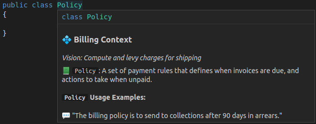 Example of hovering over policy in the Billing context.
