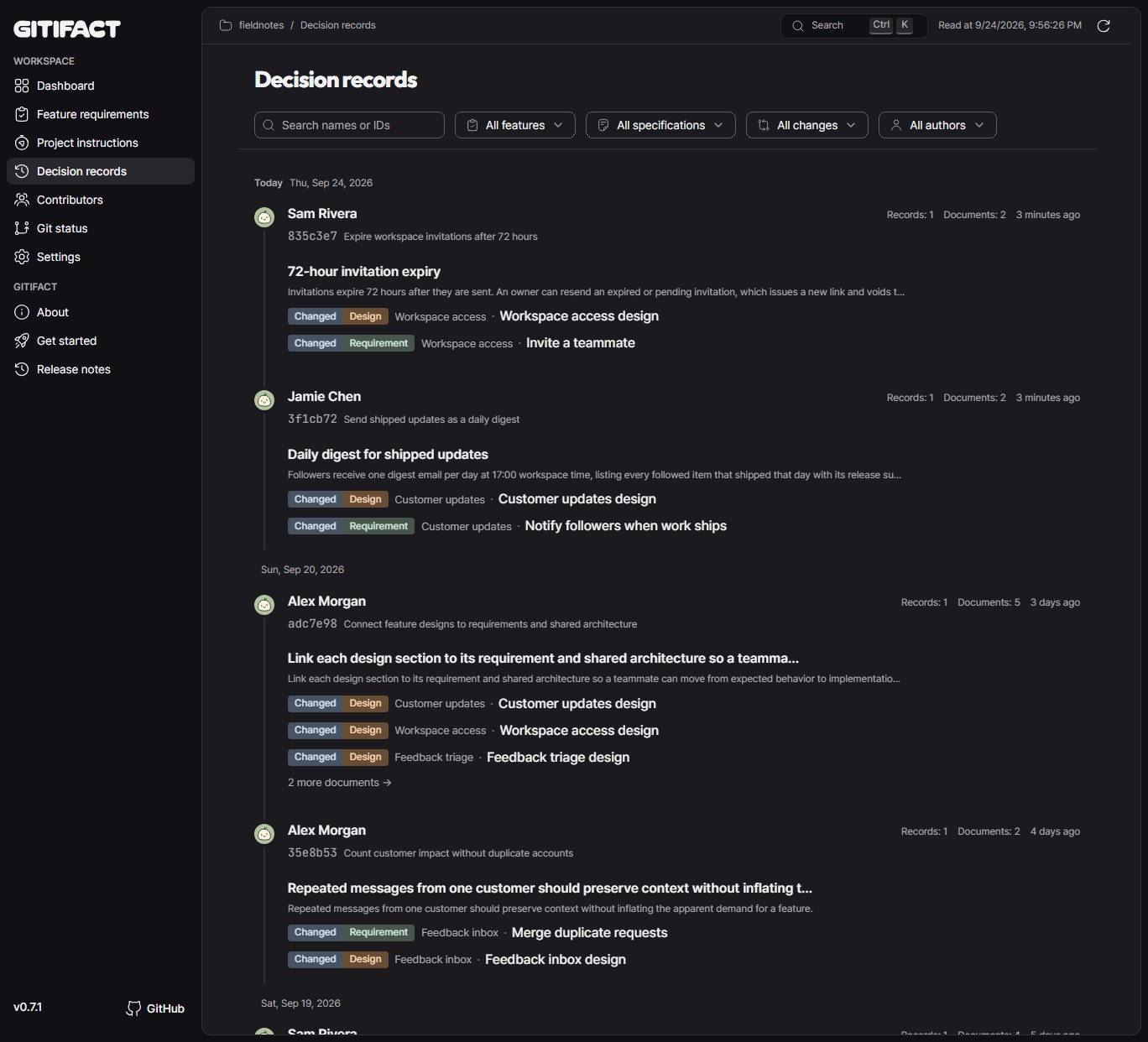 Requirement and design changes with their reasons in the activity timeline