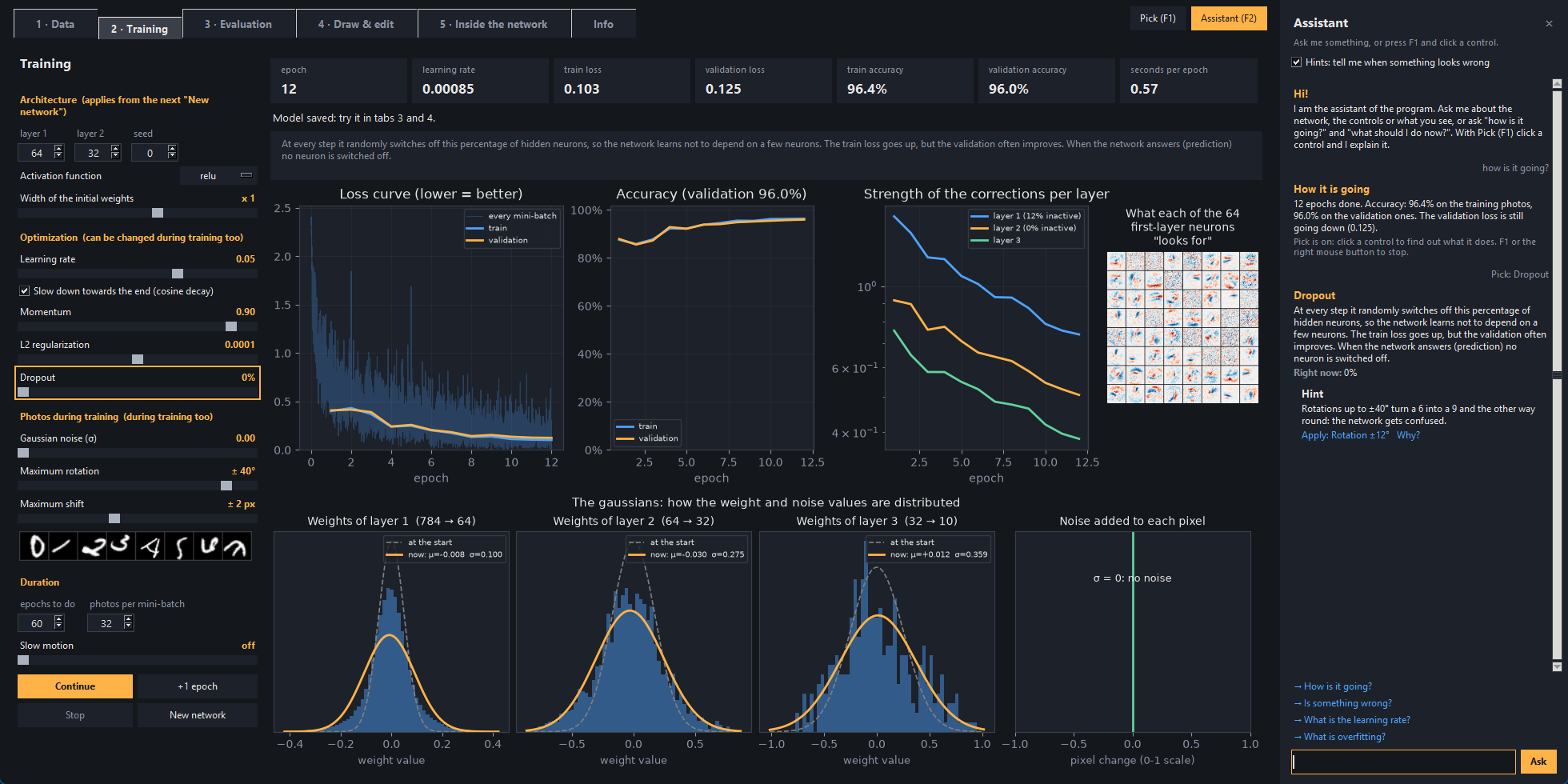 The assistant โ the state of the training, Pick on the Dropout control and a hint with its fix
