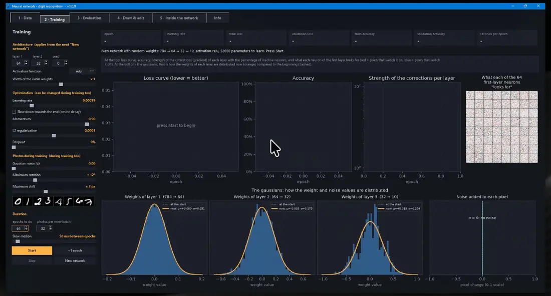 Training a network live — loss curve, accuracy and weight gaussians — then drawing digits in the Draw & edit tab and watching the network recognise them