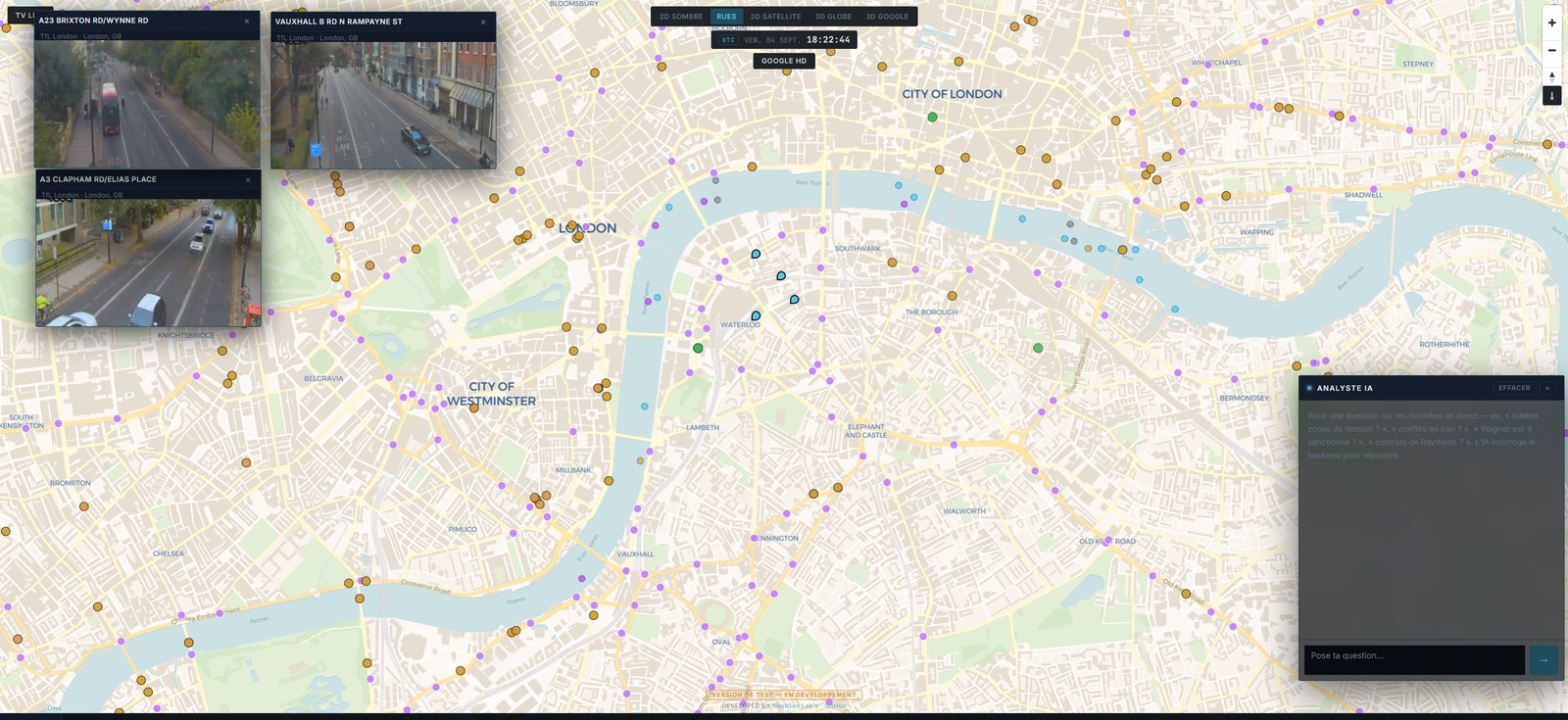 2D street basemap of London with cameras and fires