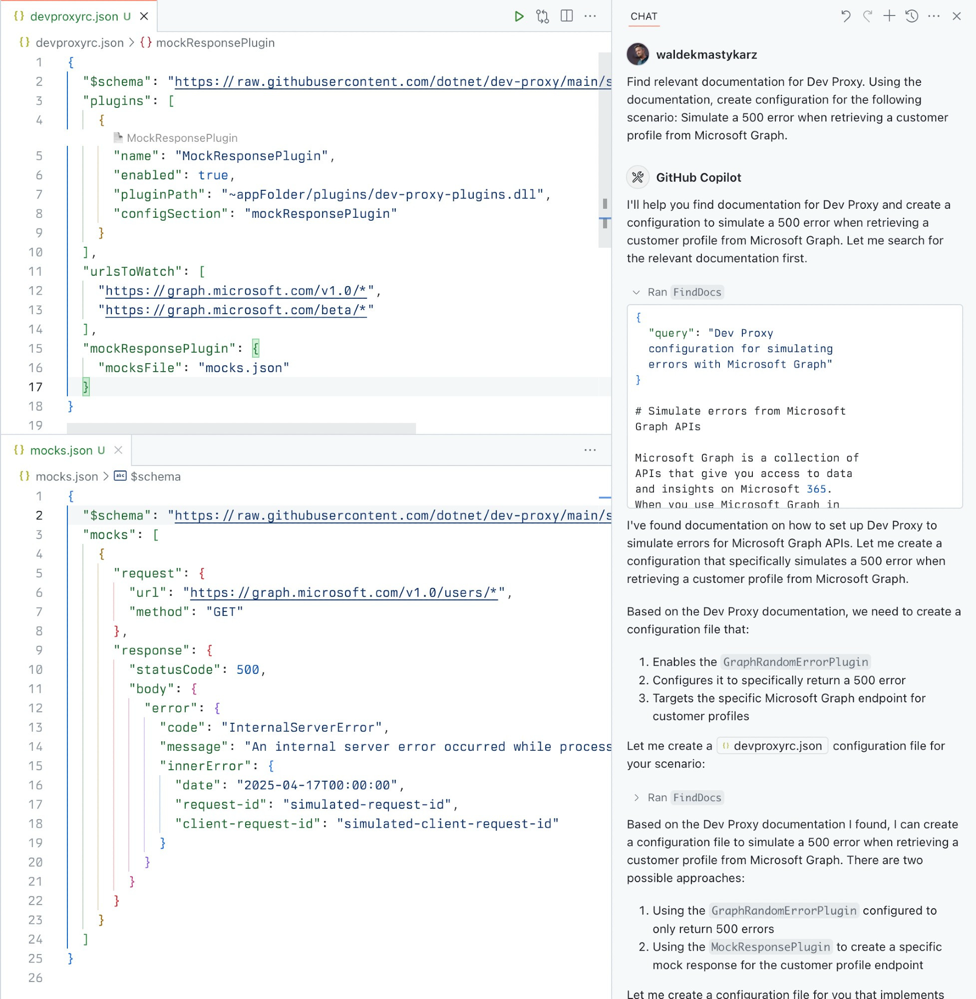 Screenshot of Visual Studio Code with GitHub Copilot chat pane open. GitHub Copilot works in assistant mode and uses the Dev Proxy MCP server to retrieve relevant information and create Dev Proxy configuration that matches the specified prompt.