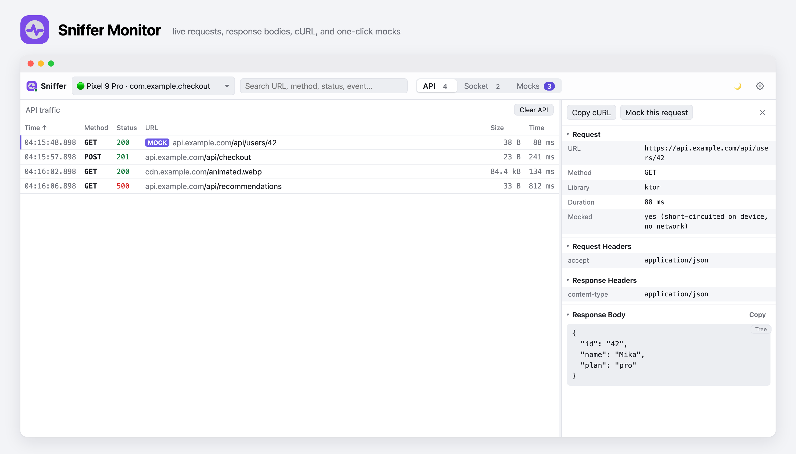 Sniffer API traffic panel