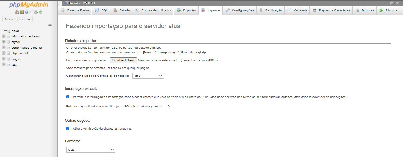 Screenshot da página de importar do phpMyadmin