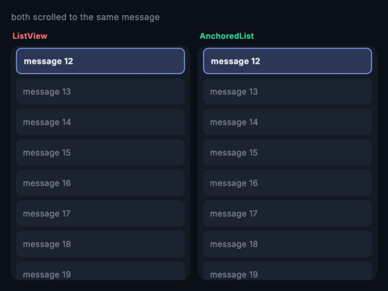 The same insertion in a ListView and an AnchoredList, side by side