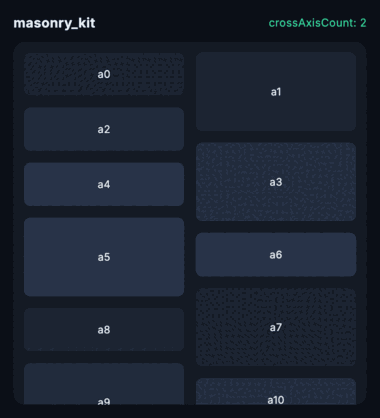 A masonry grid scrolling, then reflowing from two columns to four and back