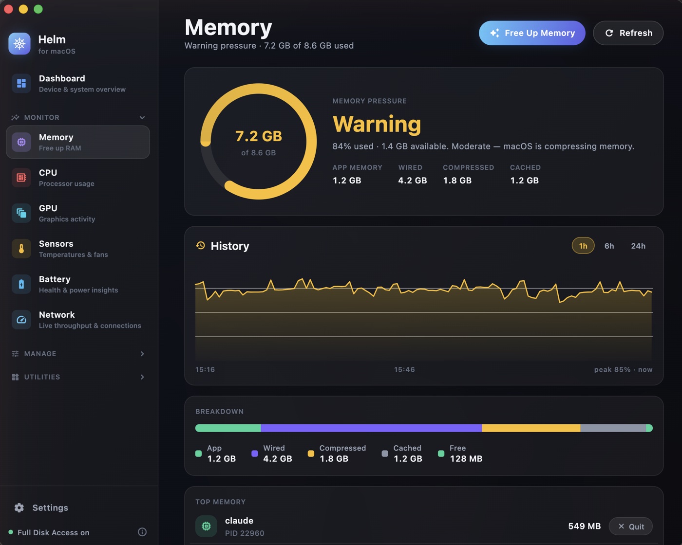 Memory tool showing 7.2 GB of 8.6 GB used, a warning pressure gauge, an hour of history and the top memory processes.
