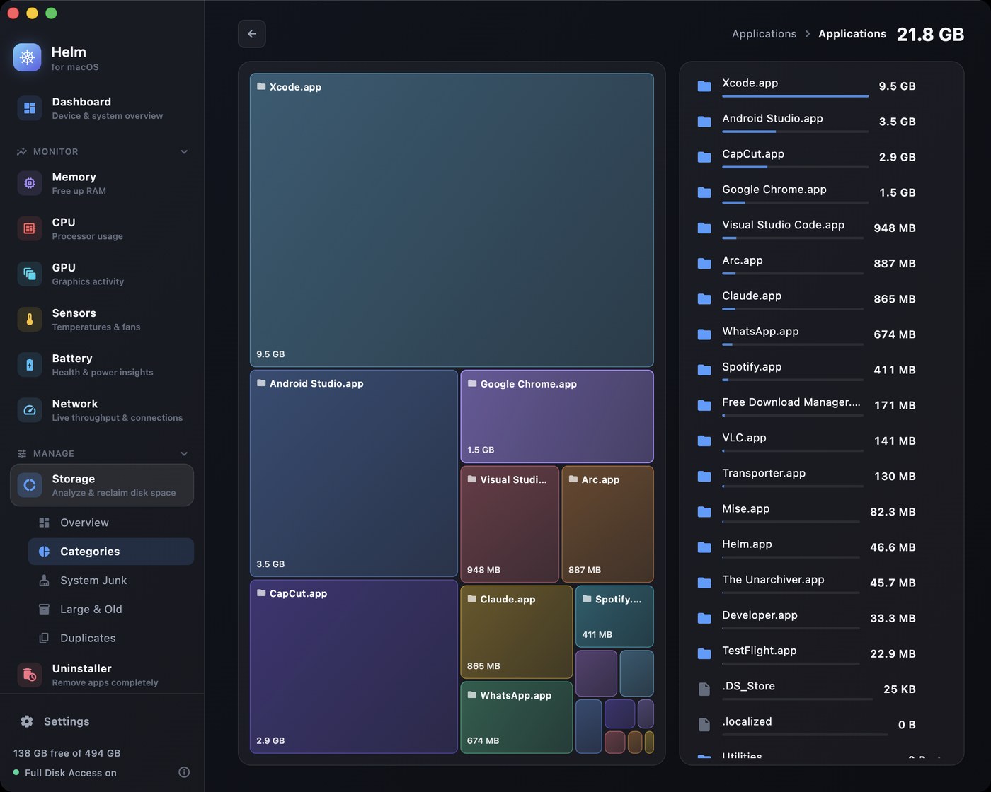 Storage explorer showing a squarified treemap of the Applications folder, 21.8 GB in total: Xcode is the largest block at 9.5 GB, then Android Studio 3.5 GB, CapCut 2.9 GB, Google Chrome 1.5 GB, and Visual Studio Code, Arc, Claude, WhatsApp and Spotify as progressively smaller rectangles, with a size-sorted list of the same folders beside it and a breadcrumb trail above.