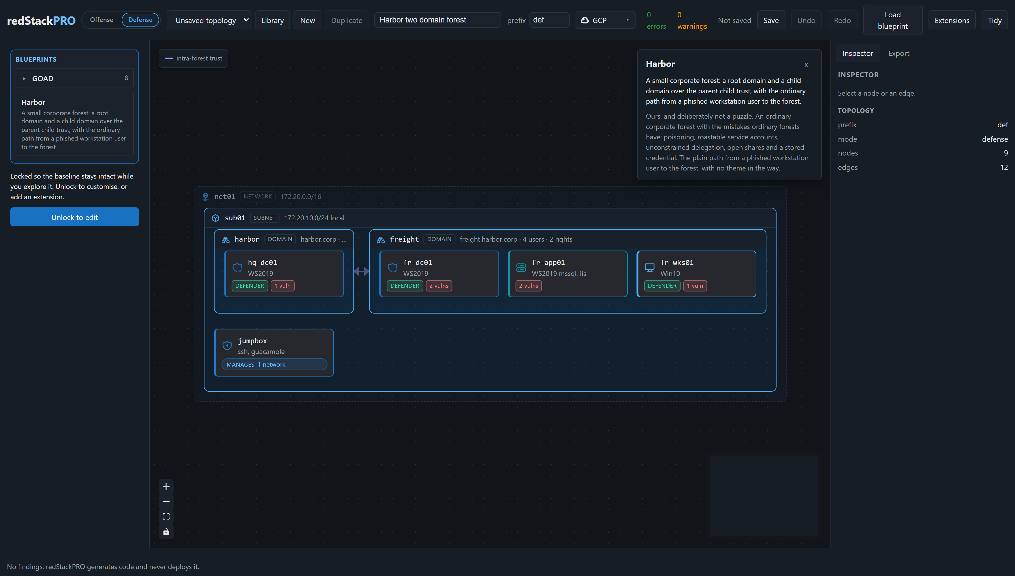 The Harbor range on the canvas: the harbor and freight domains over an intra-forest trust, four Windows hosts and a jumpbox.