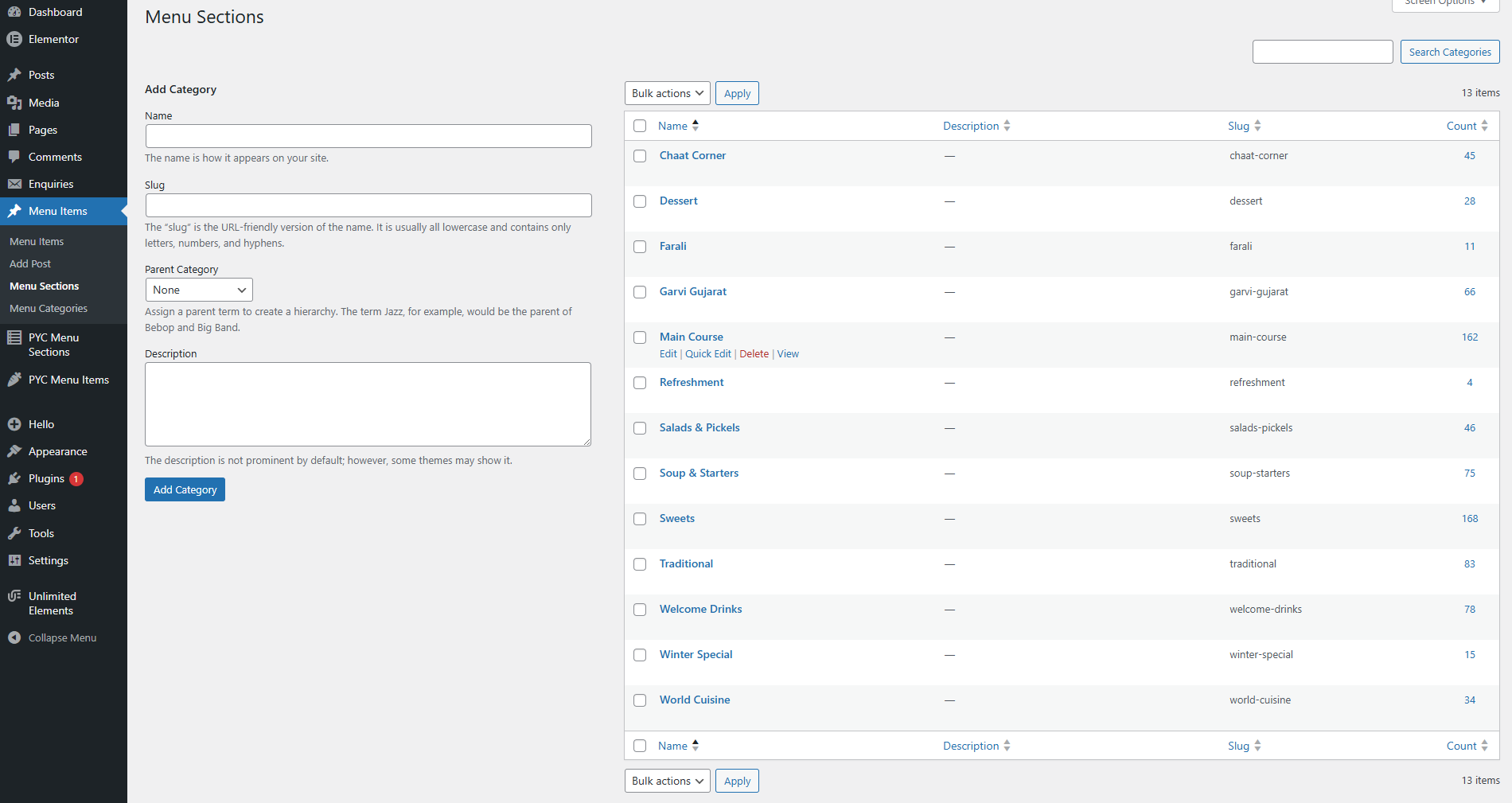 Menu Sections