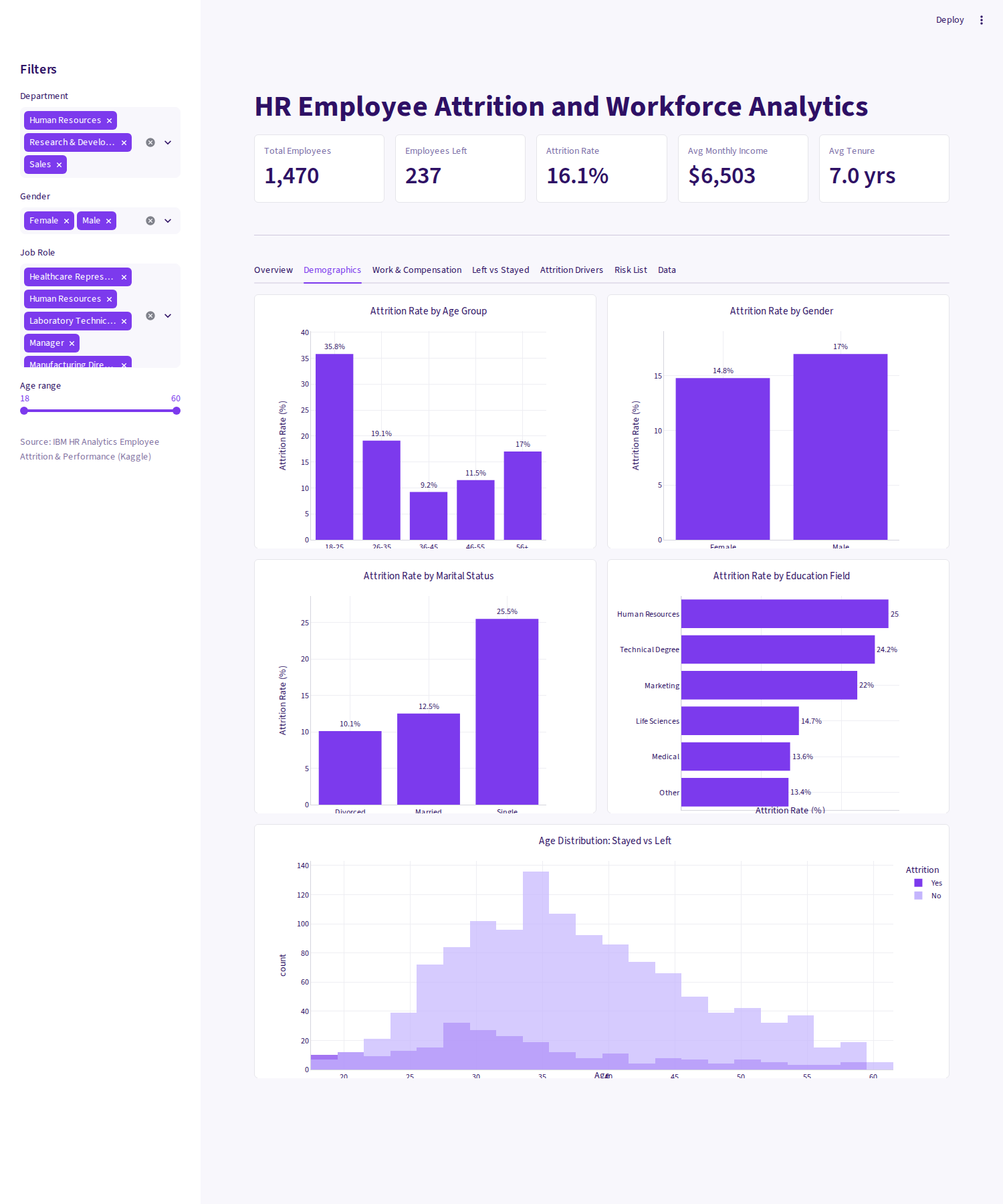 Demographic breakdowns in the HR attrition dashboard