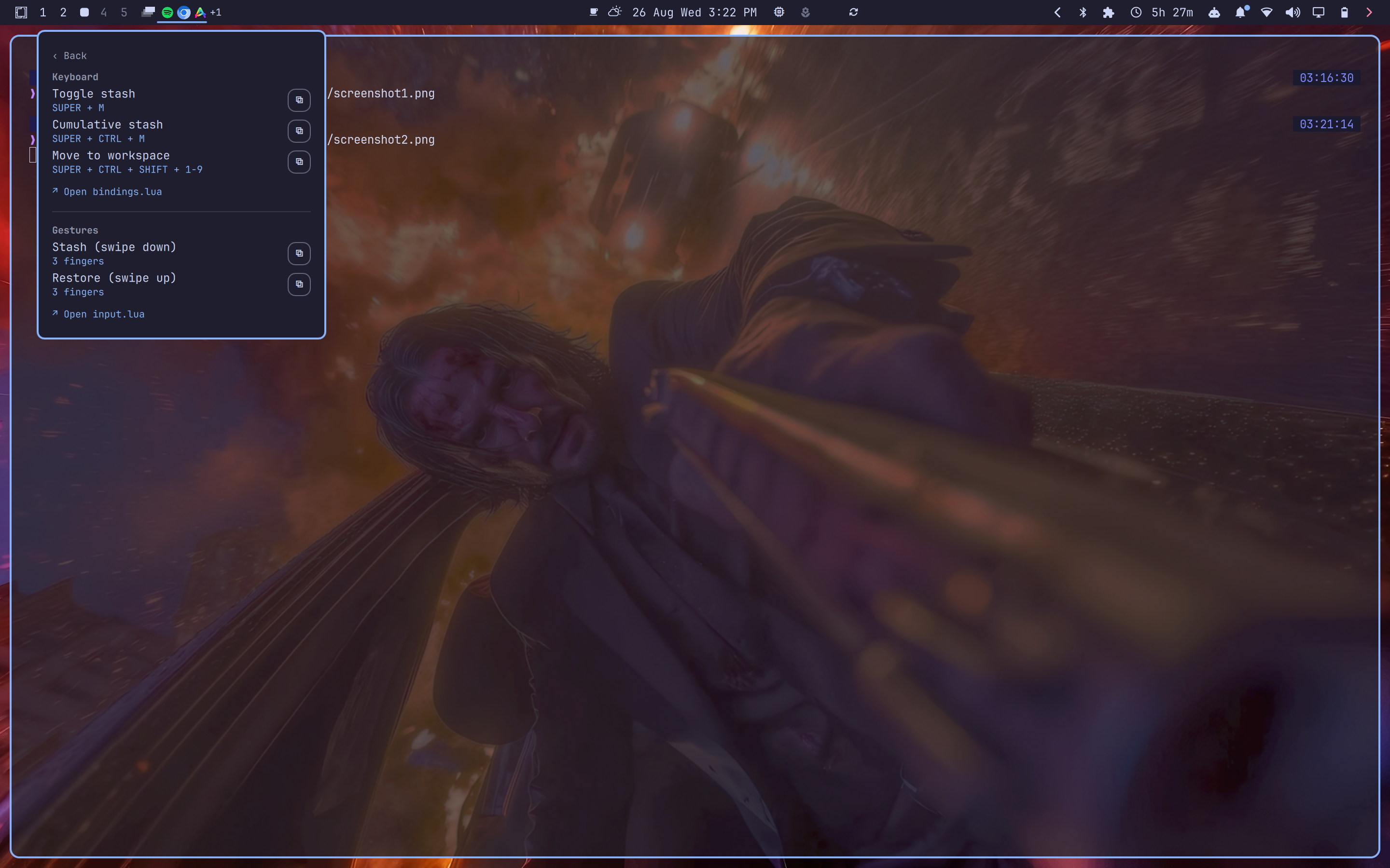 Keybindings reference page with copy-to-clipboard buttons