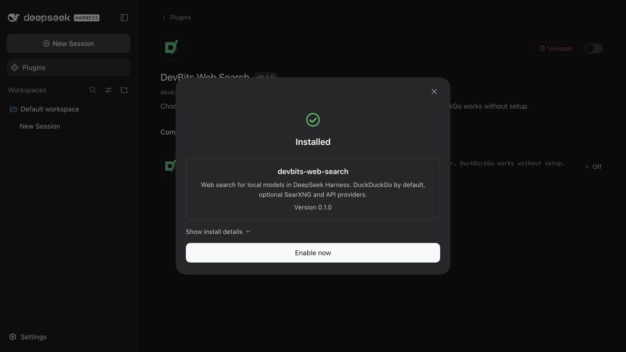 Harness confirms DevBits Web Search is installed and offers Enable now
