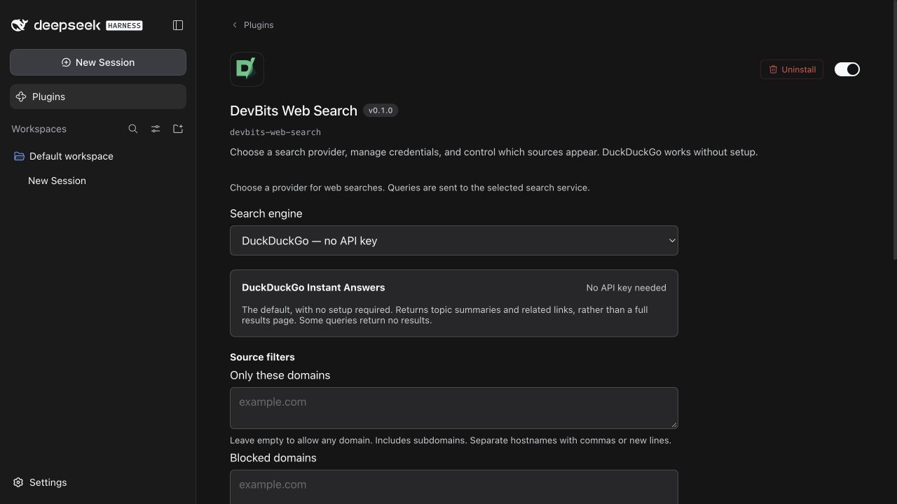 DevBits Web Search settings in DeepSeek Harness, with DuckDuckGo selected and source filters available