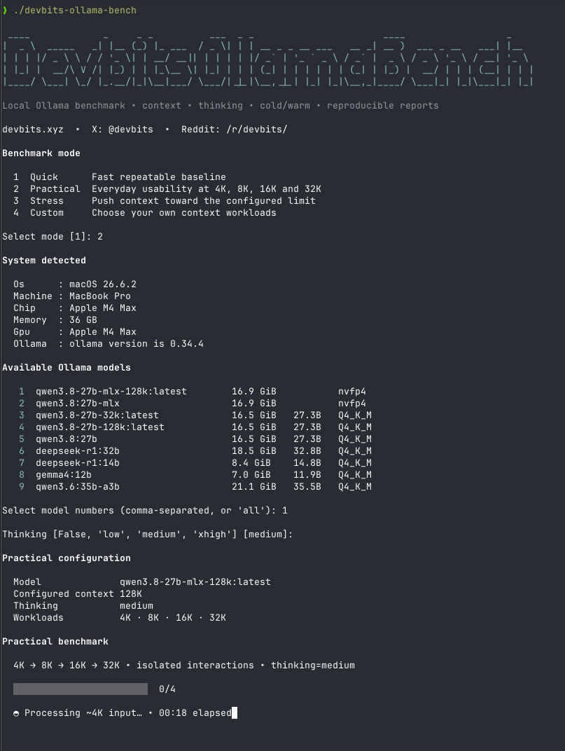 Devbits Ollama Bench running the Practical benchmark