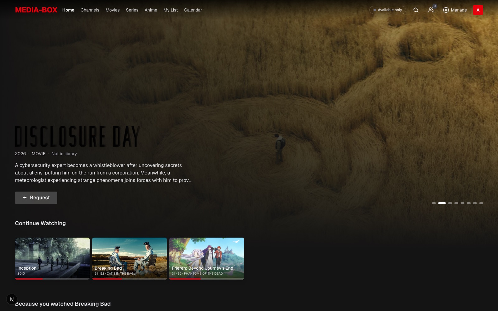 media-box home — Netflix-style discover with Continue Watching