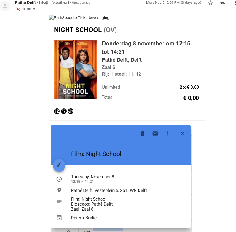 Example Google Calendar entry