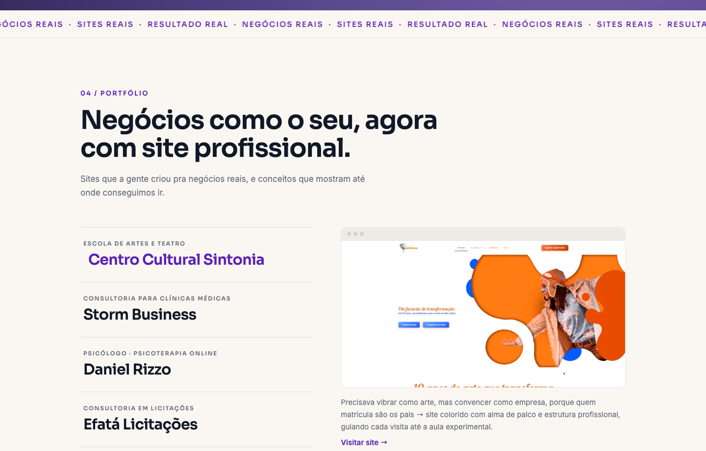 Portfólio da DevCraft com sites de clientes reais