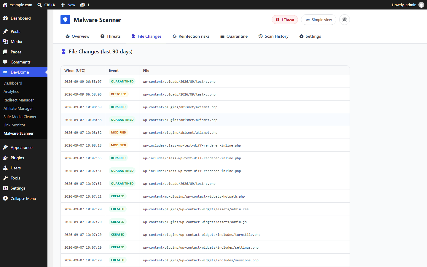 File integrity log of created, modified, quarantined and repaired WordPress files over 90 days