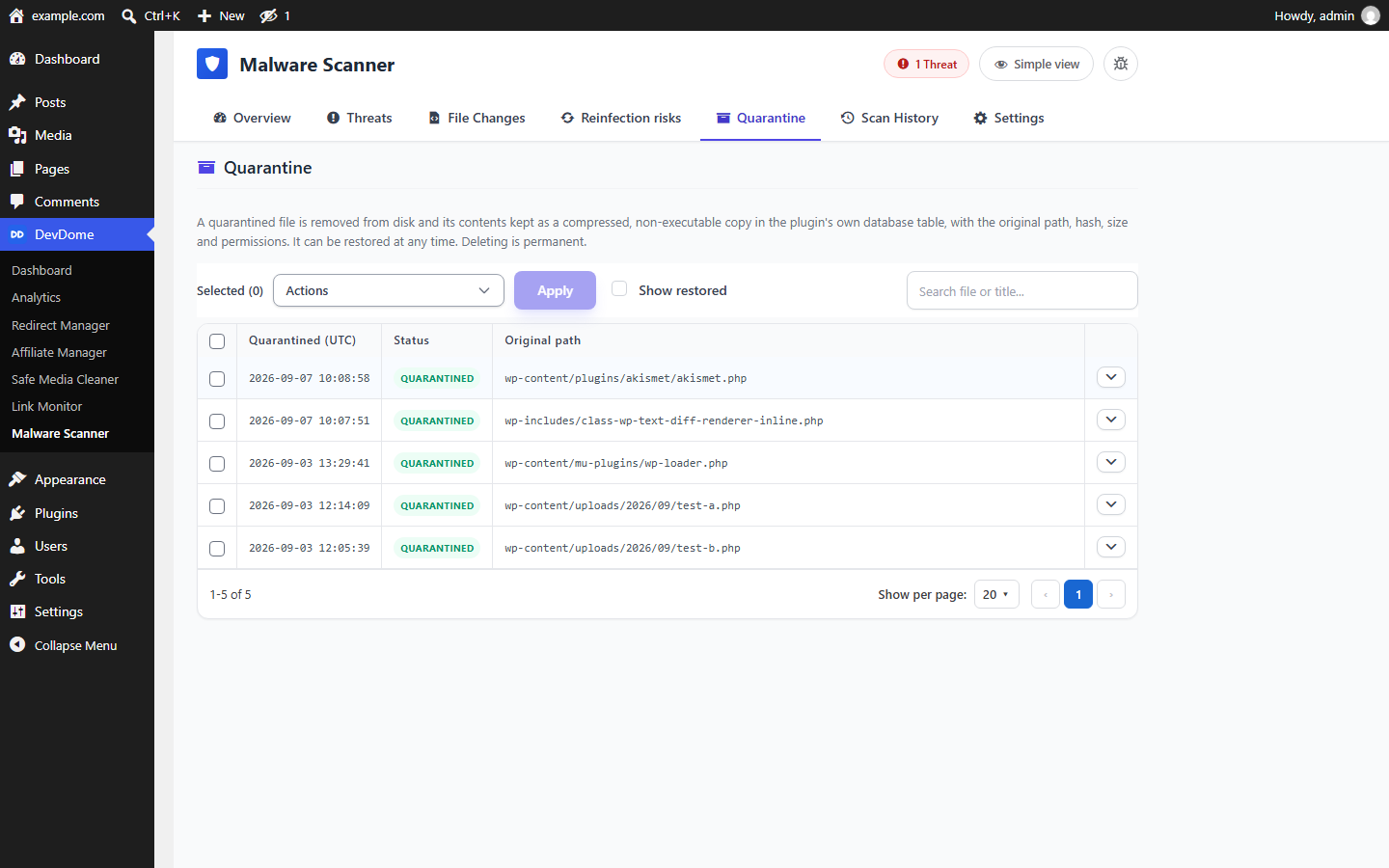 Malware quarantine with restorable non-executable copies of removed files