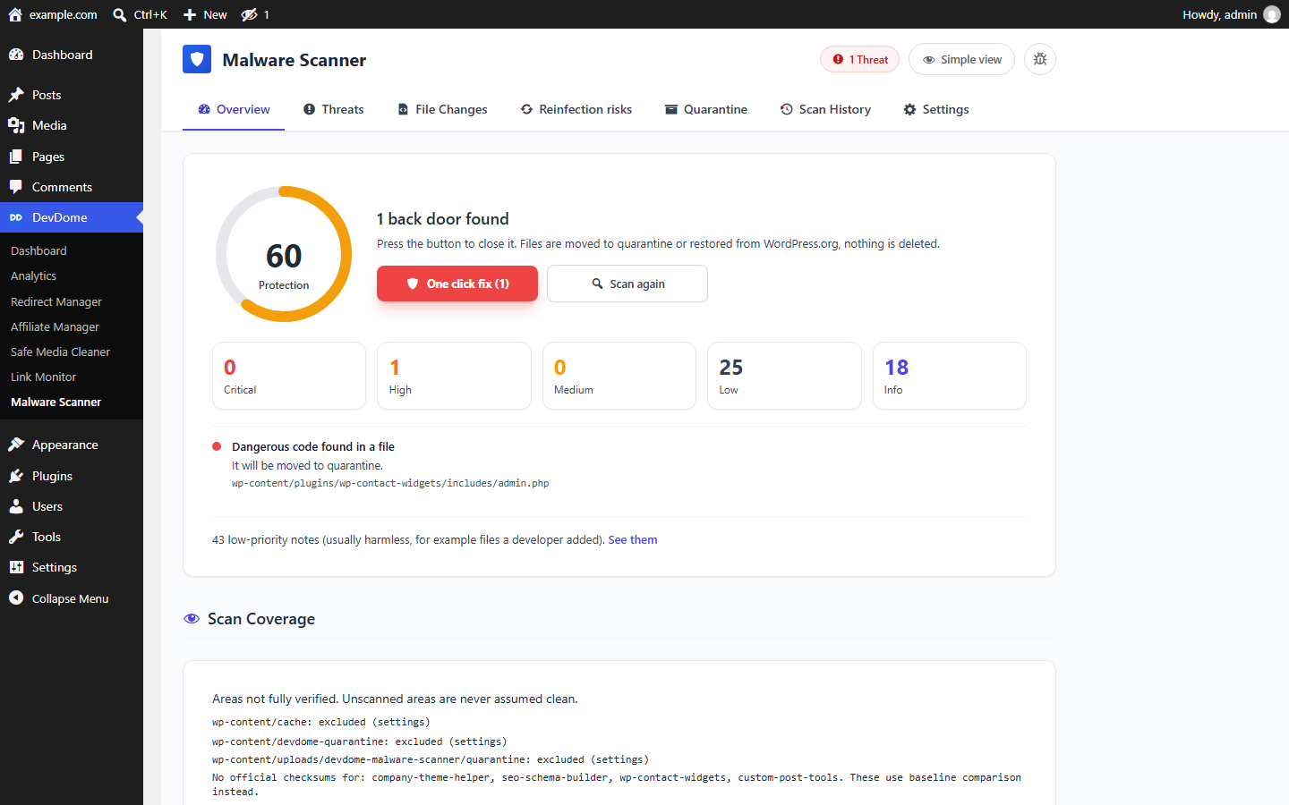 WordPress malware scan overview with protection score, threat severity counts and one-click malware removal