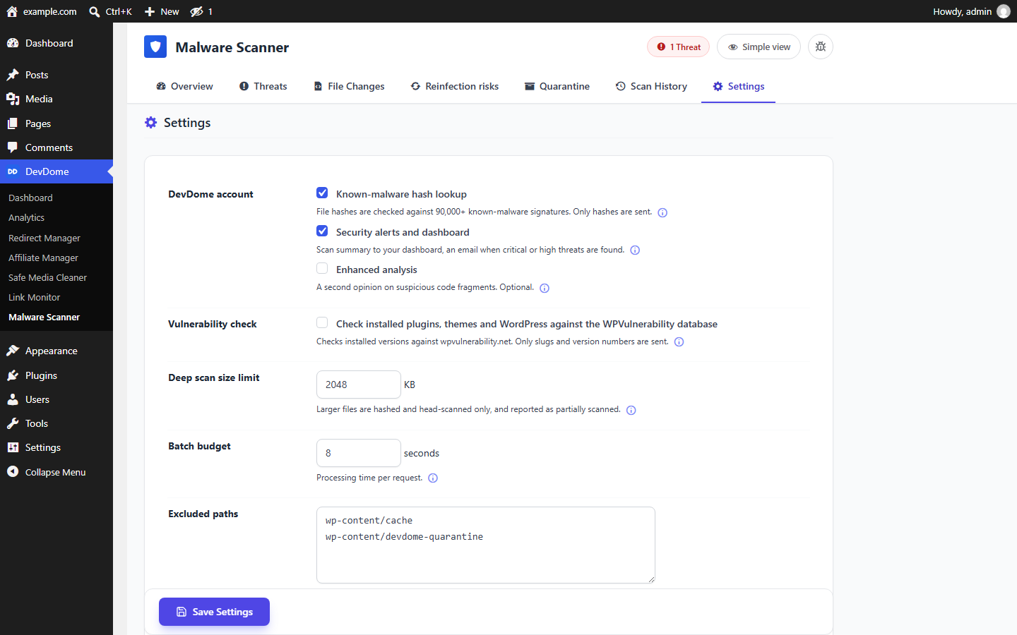 Malware scanner settings: DevDome account features, vulnerability check, scan limits and excluded paths