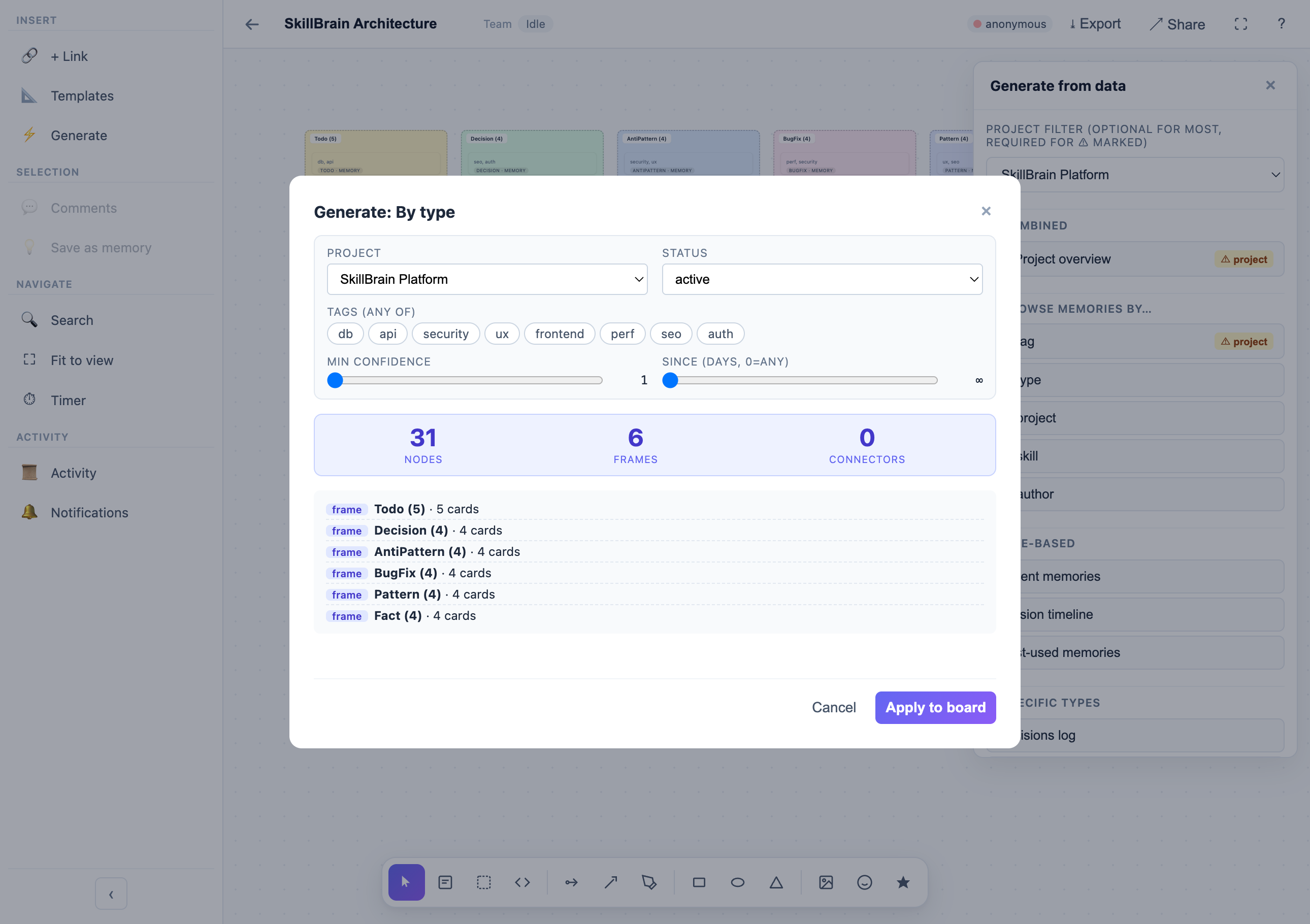 Generate panel with filters and live preview modal