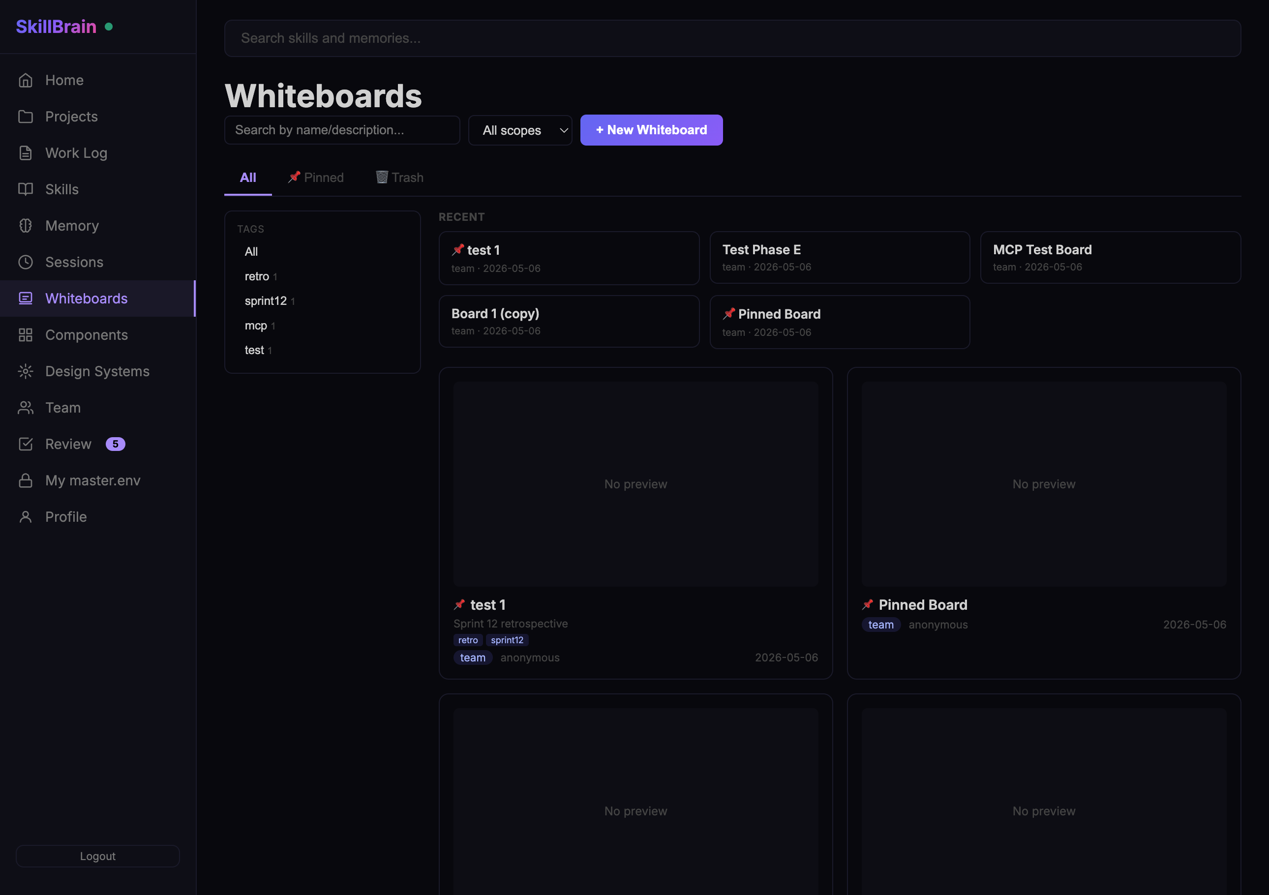 Whiteboards list — search, tags, pinned, recent, trash