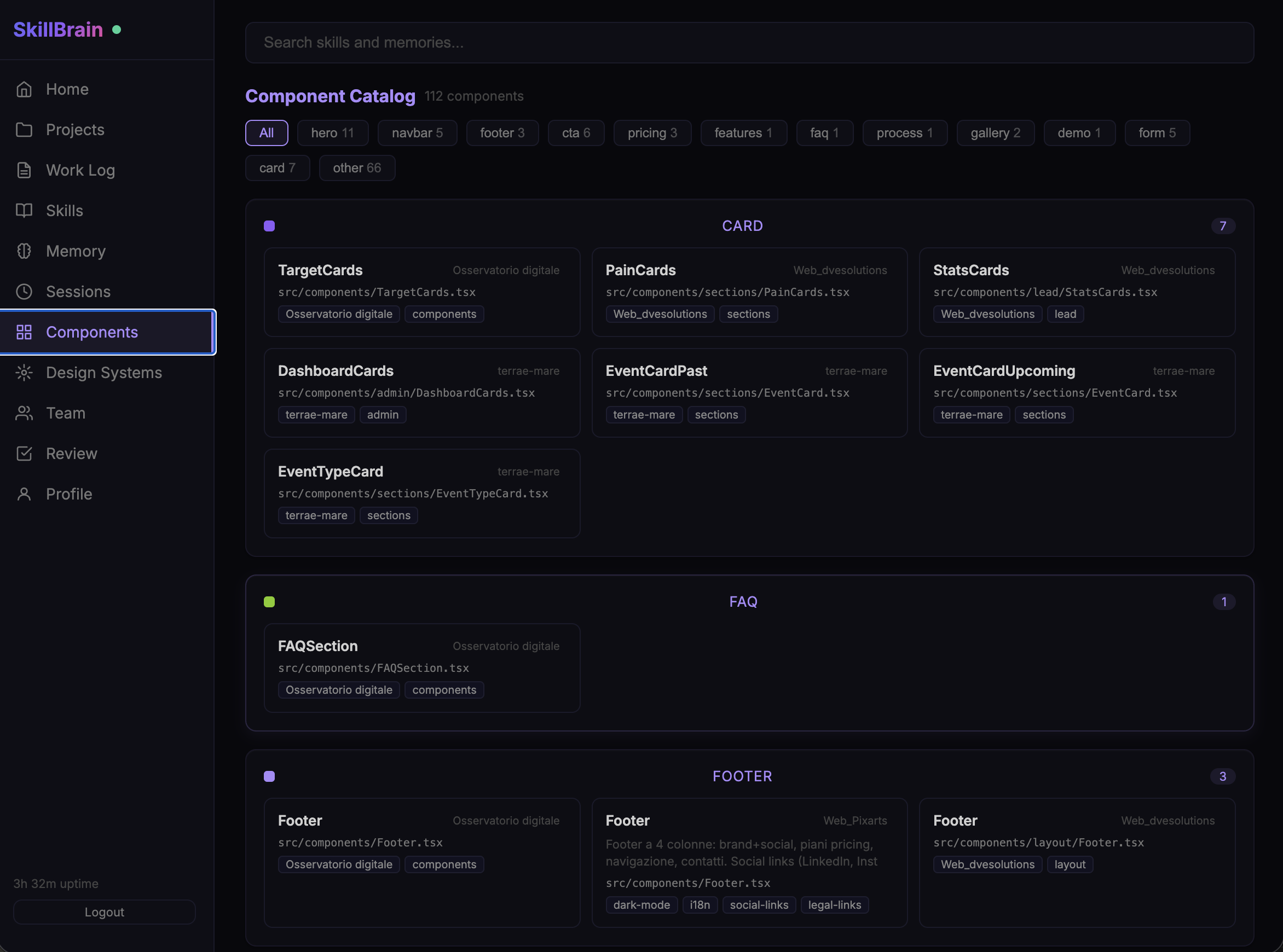 Component Catalog grouped by section