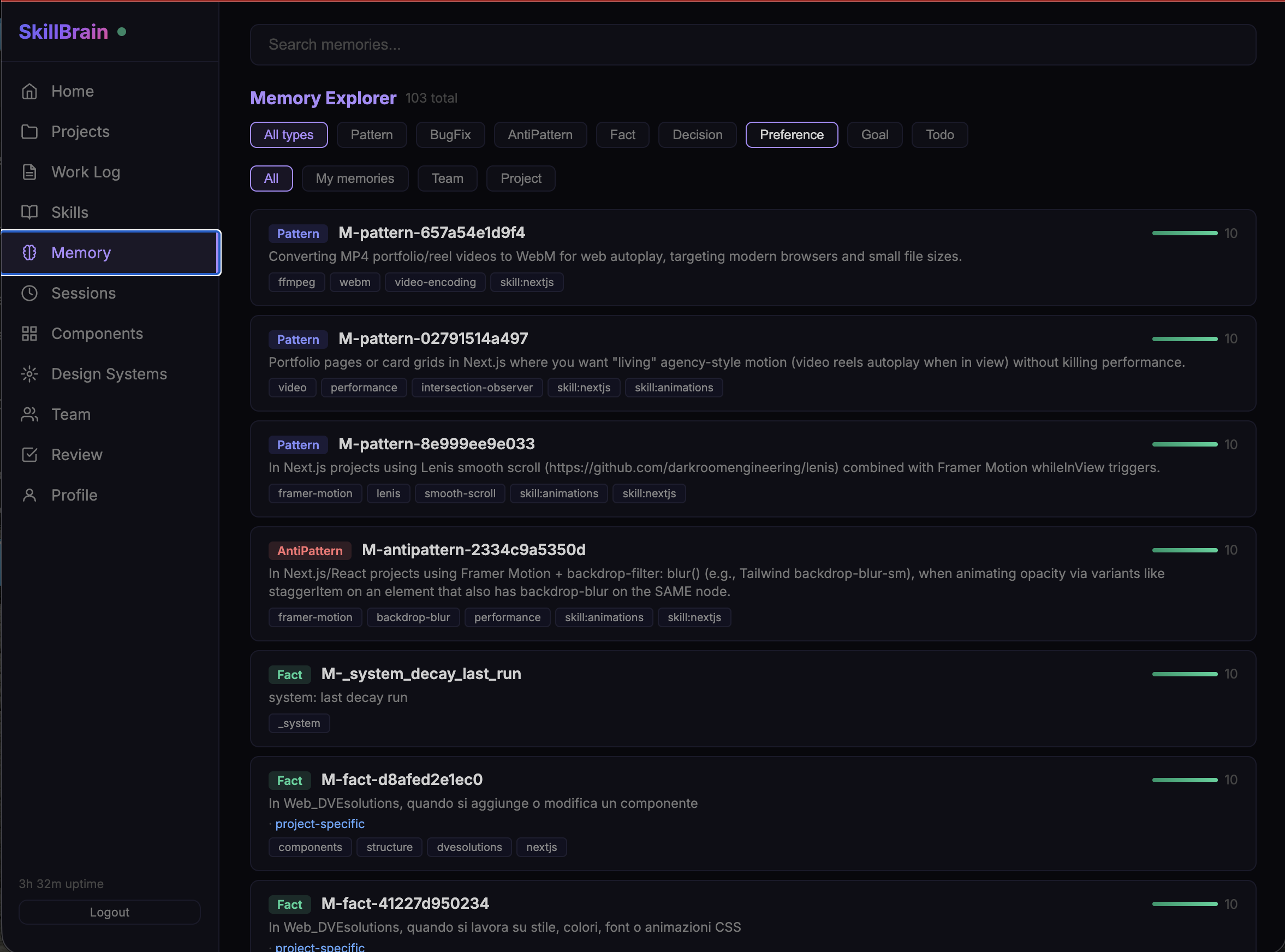 Memory Explorer with scope, type and author filters
