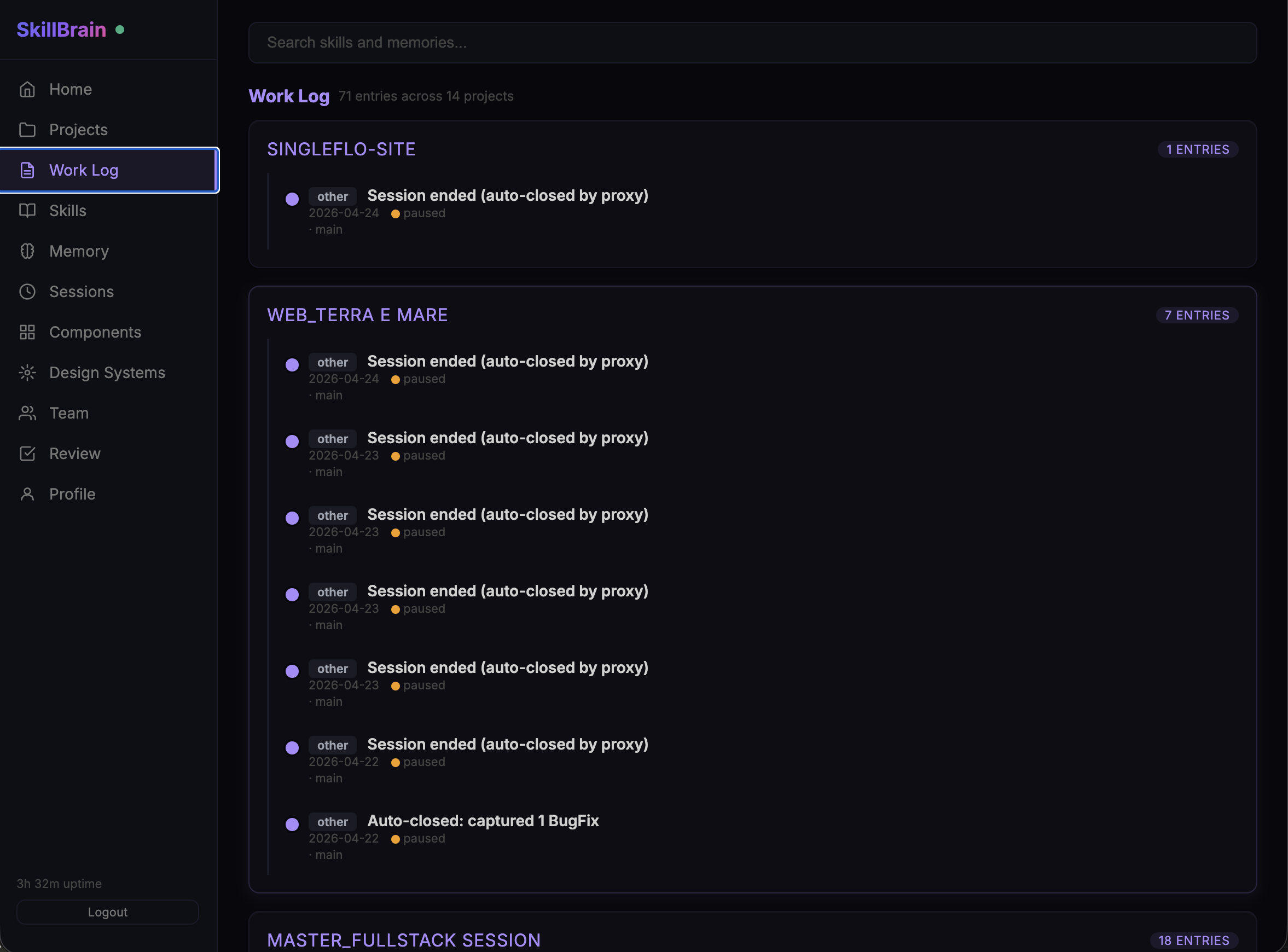 Work Log timeline across all projects