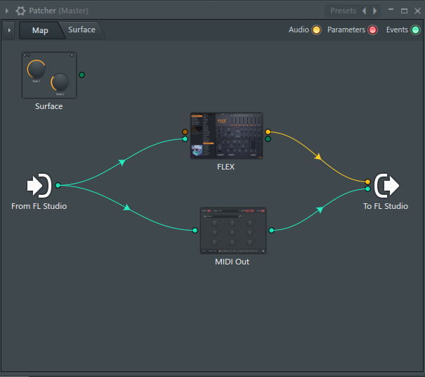 Patcher splitting MIDI to an instrument and a MIDI Out