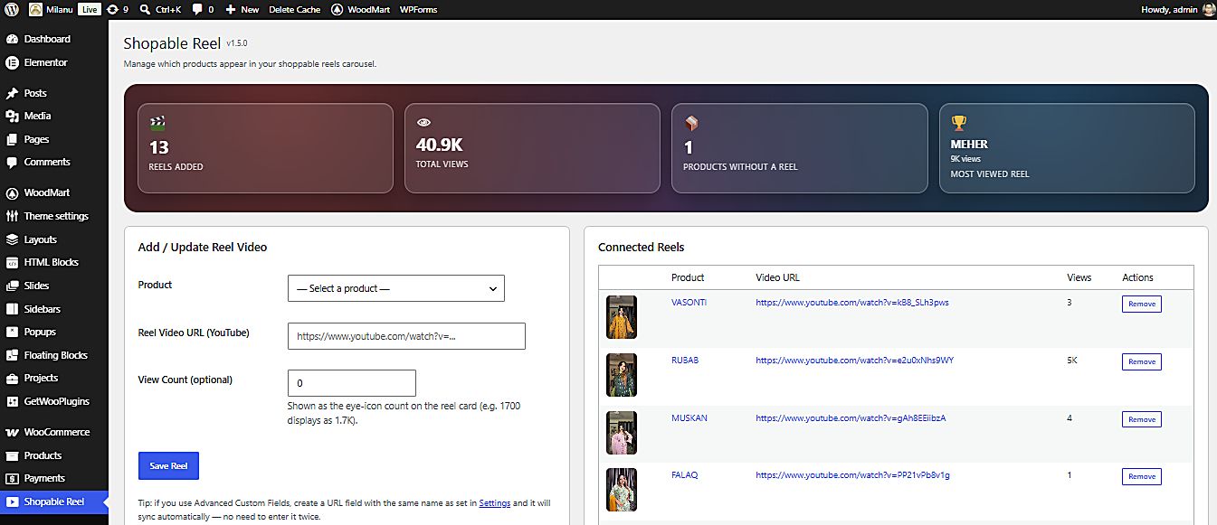 Manage Reels dashboard