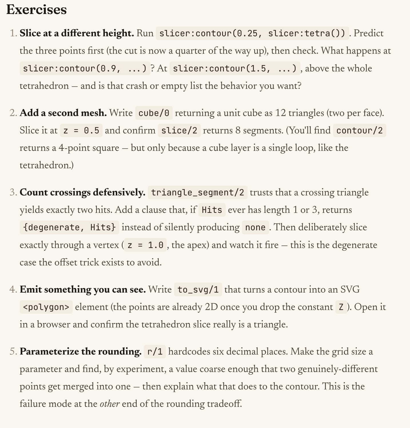 Example exercises at the end of a generated lathe tutorial