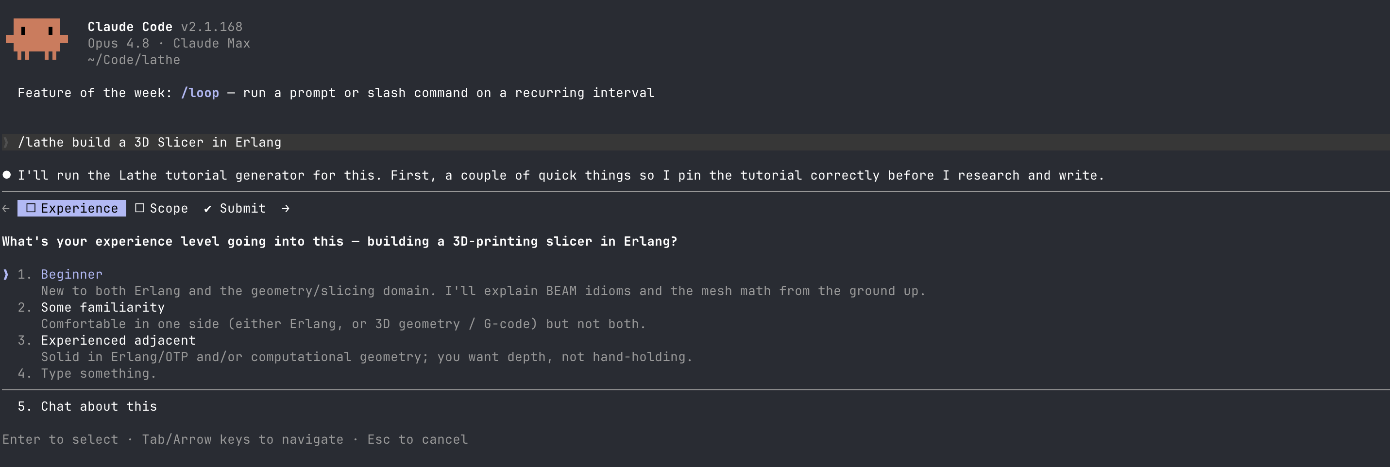 Prompting a coding agent with `/lathe build a 3D Slicer in Erlang`