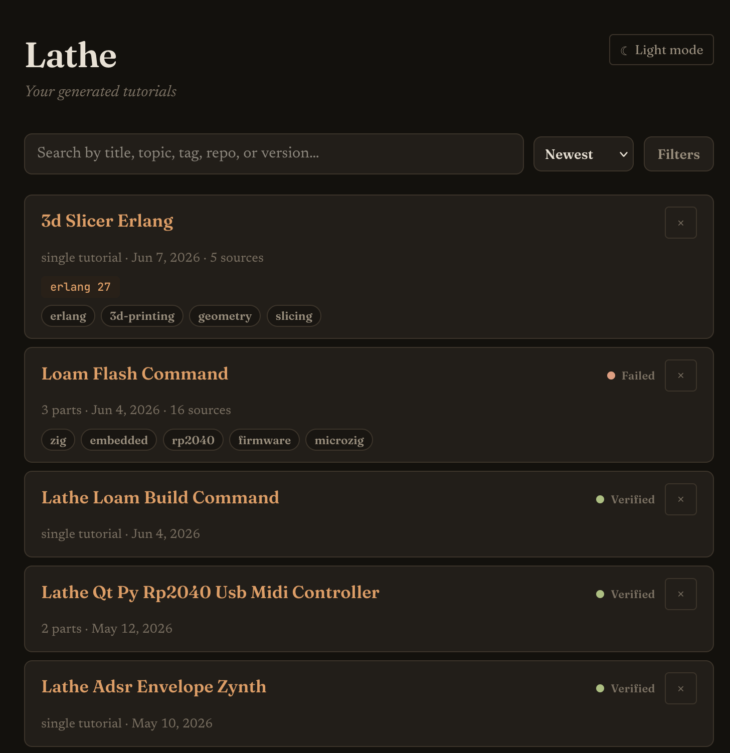 Browsing tutorials in lathe (dark mode)