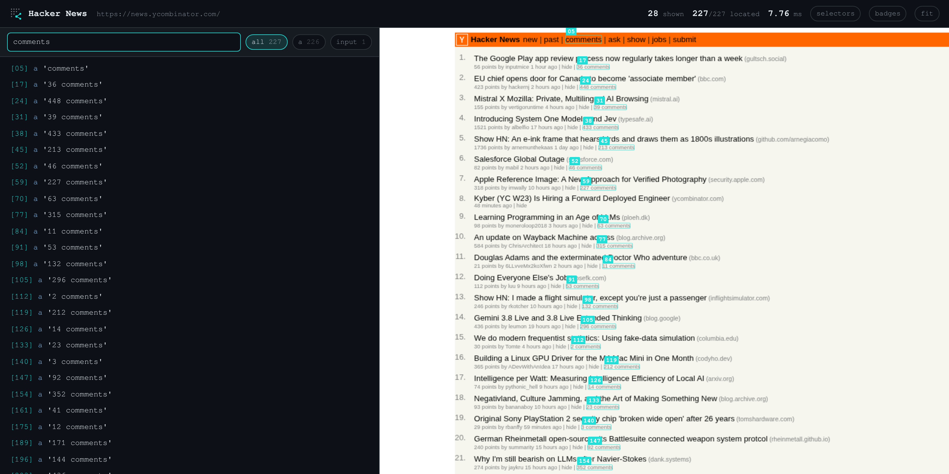 ZeroDOM report: numbered cyan badges [31], [45] overlaid on a live page alongside the compact interaction graph — the agent sees click [45], ZeroDOM resolves it to the exact DOM element