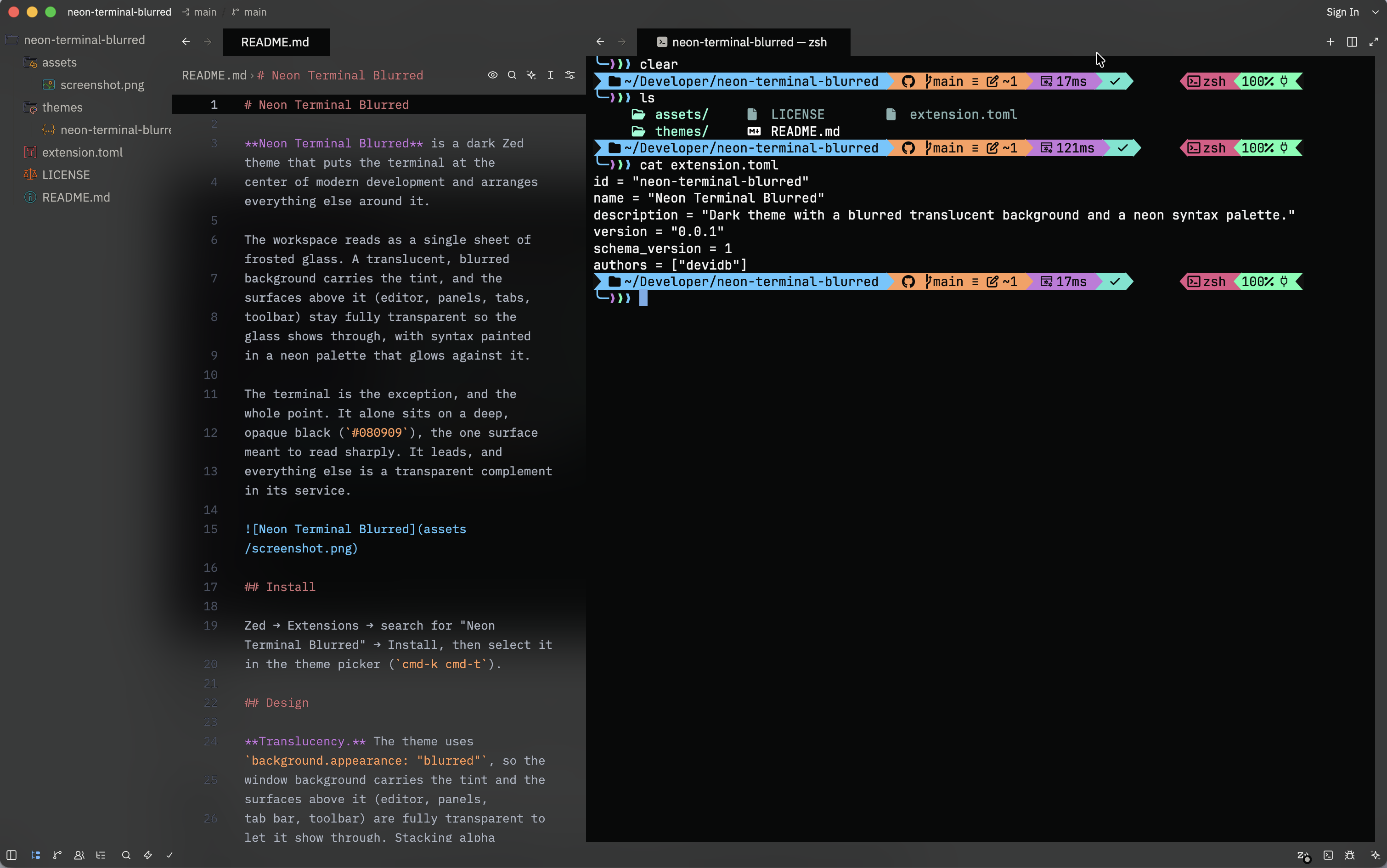Opaque terminal beside the transparent editor