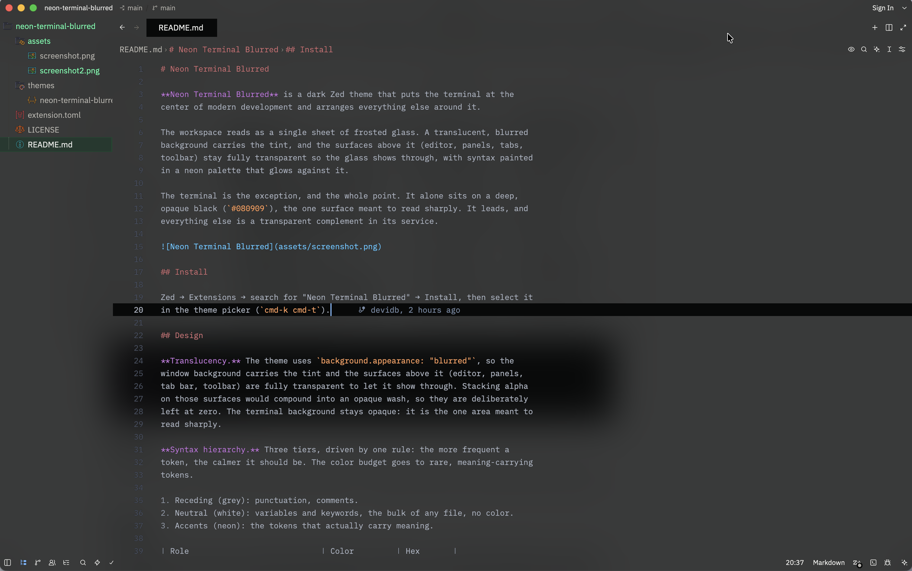 Translucent editor over the blurred background