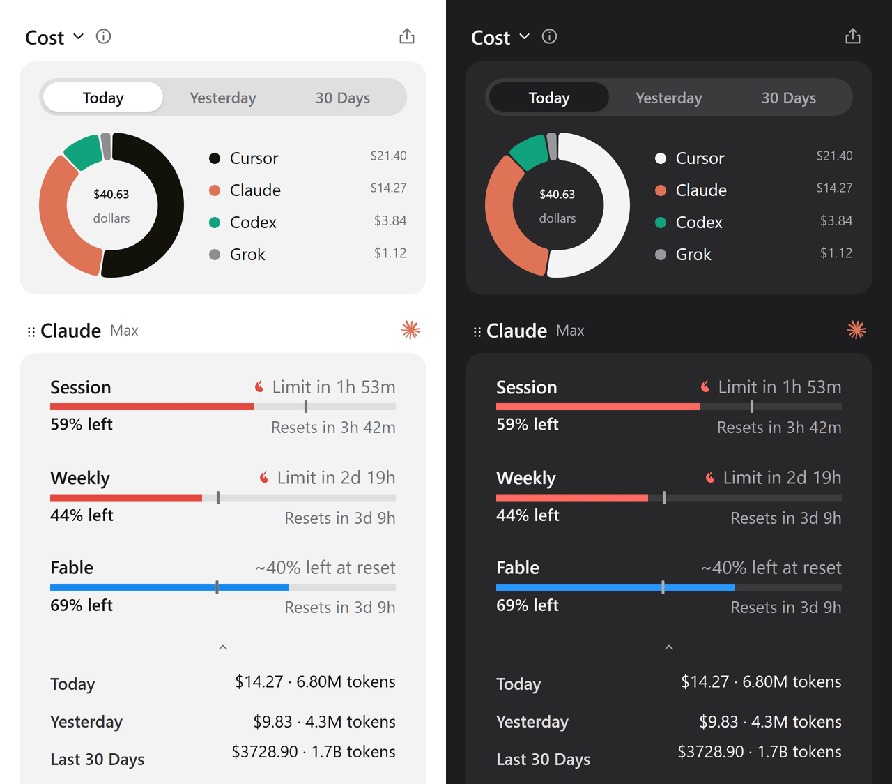 OpenQuota dashboard showing animated AI usage in light and dark themes